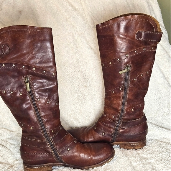 Women's Area Forte Brown Studded Knee High Moto Boots, Size 37/6.5 - Picture 2 of 7
